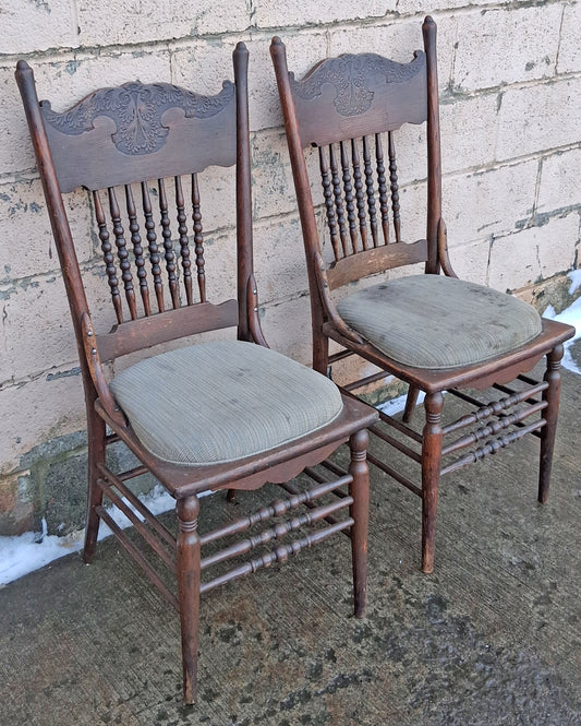 Pair of Antique Vintage Old Victorian Reclaimed Salvaged SOLID Oak Wood Wooden Press Back Side Dining Accent Lounge Chairs Upholstered Seat