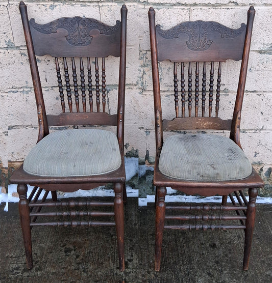 Pair of Antique Vintage Old Victorian Reclaimed Salvaged SOLID Oak Wood Wooden Press Back Side Dining Accent Lounge Chairs Upholstered Seat