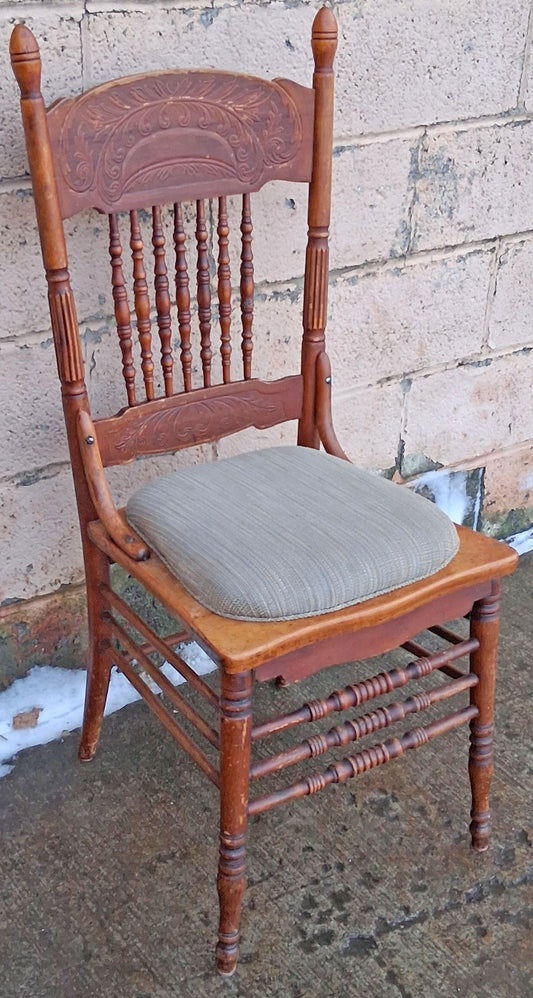 Antique Vintage Old Victorian Reclaimed Salvaged SOLID Maple Birch Wood Wooden Press Back Side Dining Accent Lounge Chair Upholstered Seat