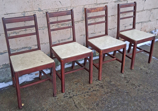 Set of 4 Antique Vintage Old Reclaimed Salvaged Country Farmhouse Traditional Colonial SOLID Wood Wooden Dining Side Accent Chairs Vinyl Seats