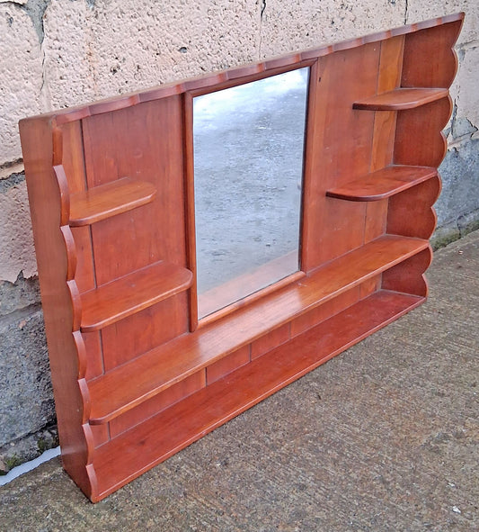 Vintage Antique Country Farmhouse Rustic Reclaimed Salvaged Wood Wooden Hanging Wall Decorator Wall Display Knick Knack Shelf Rack Mirror