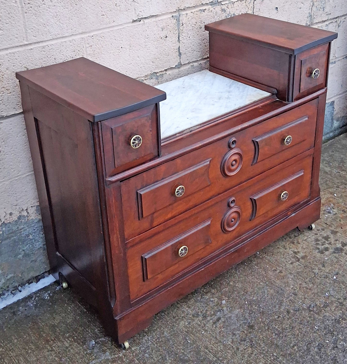 Antique Vintage Old Victorian Eastlake Reclaimed Salvaged Solid Walnut Wood Wooden Cabinet Drop Center Dresser Chest of Drawers Marble Top
