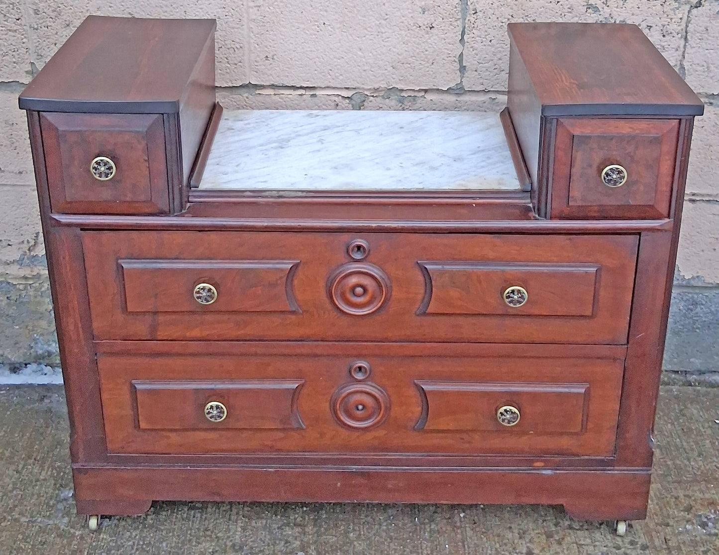 Antique Vintage Old Victorian Eastlake Reclaimed Salvaged Solid Walnut Wood Wooden Cabinet Drop Center Dresser Chest of Drawers Marble Top