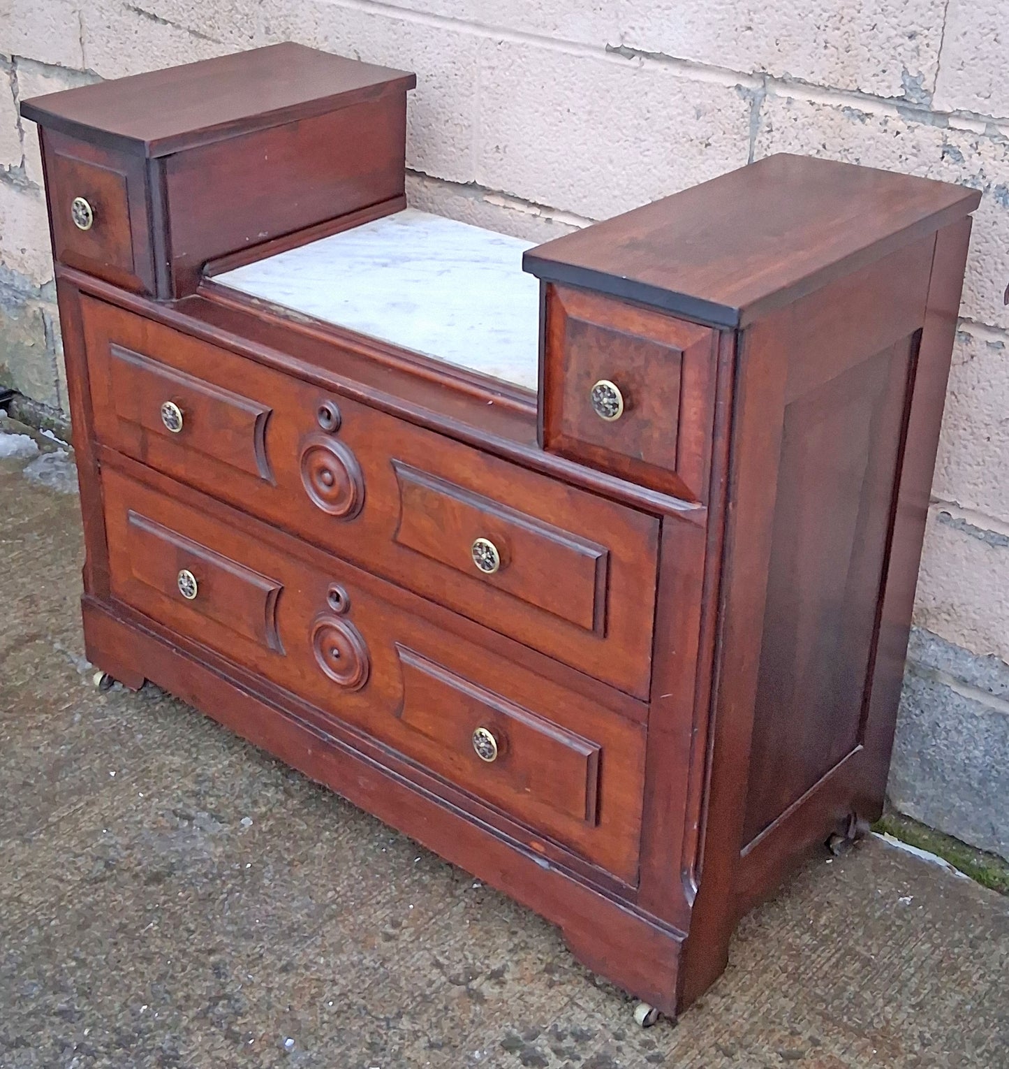 Antique Vintage Old Victorian Eastlake Reclaimed Salvaged Solid Walnut Wood Wooden Cabinet Drop Center Dresser Chest of Drawers Marble Top