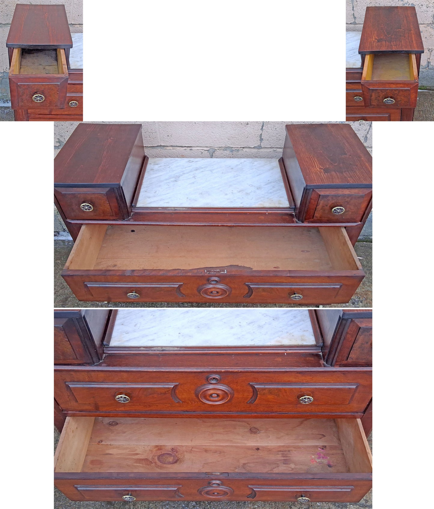 Antique Vintage Old Victorian Eastlake Reclaimed Salvaged Solid Walnut Wood Wooden Cabinet Drop Center Dresser Chest of Drawers Marble Top