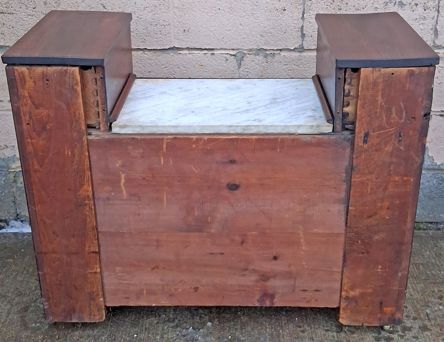 Antique Vintage Old Victorian Eastlake Reclaimed Salvaged Solid Walnut Wood Wooden Cabinet Drop Center Dresser Chest of Drawers Marble Top