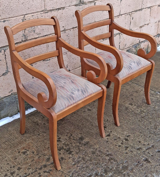 Pair Vintage Antique Reclaimed Salvaged Old Grange Biedermeier French Regency Solid Maple Wood Wooden Foyer Dining Side Accent Armrest Armchairs Fabric Seats