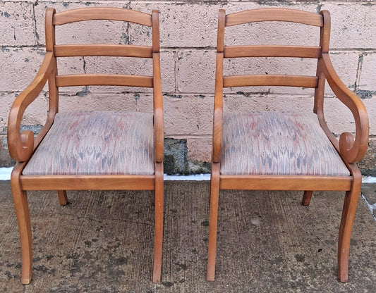 Pair Vintage Antique Reclaimed Salvaged Old Grange Biedermeier French Regency Solid Maple Wood Wooden Foyer Dining Side Accent Armrest Armchairs Fabric Seats