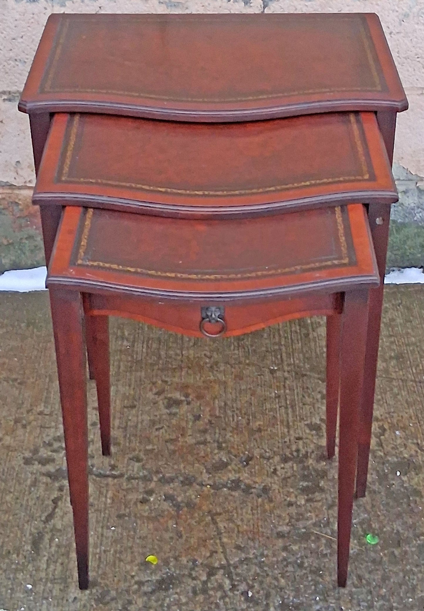 Set of Antique Vintage Old Salvaged Reclaimed Solid Mahogany Wood Wooden Carved Serpentine Nesting Nested Stacked Stand Side Accent Tables