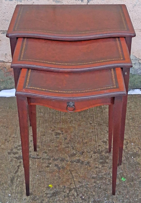 Set of Antique Vintage Old Salvaged Reclaimed Solid Mahogany Wood Wooden Carved Serpentine Nesting Nested Stacked Stand Side Accent Tables