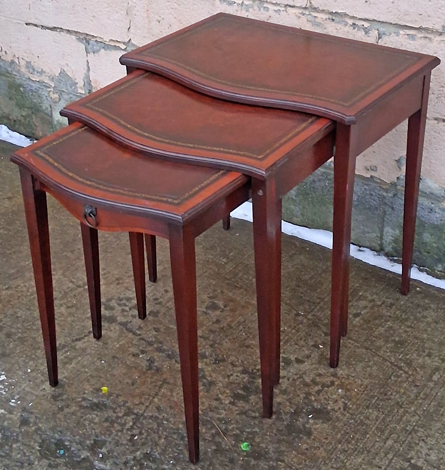 Set of Antique Vintage Old Salvaged Reclaimed Solid Mahogany Wood Wooden Carved Serpentine Nesting Nested Stacked Stand Side Accent Tables
