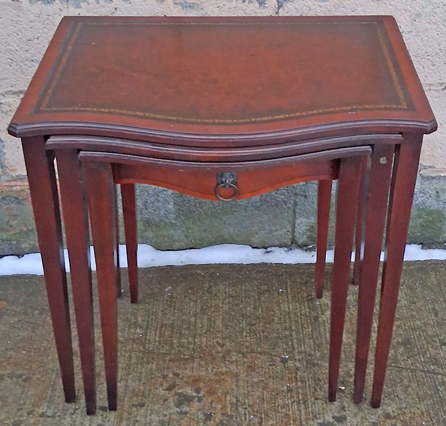 Set of Antique Vintage Old Salvaged Reclaimed Solid Mahogany Wood Wooden Carved Serpentine Nesting Nested Stacked Stand Side Accent Tables