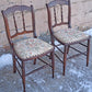 Pair of Antique Vintage Old Reclaimed Salvaged Solid Hardwood Wooden Dining Side Accent Floral Fabric Seats