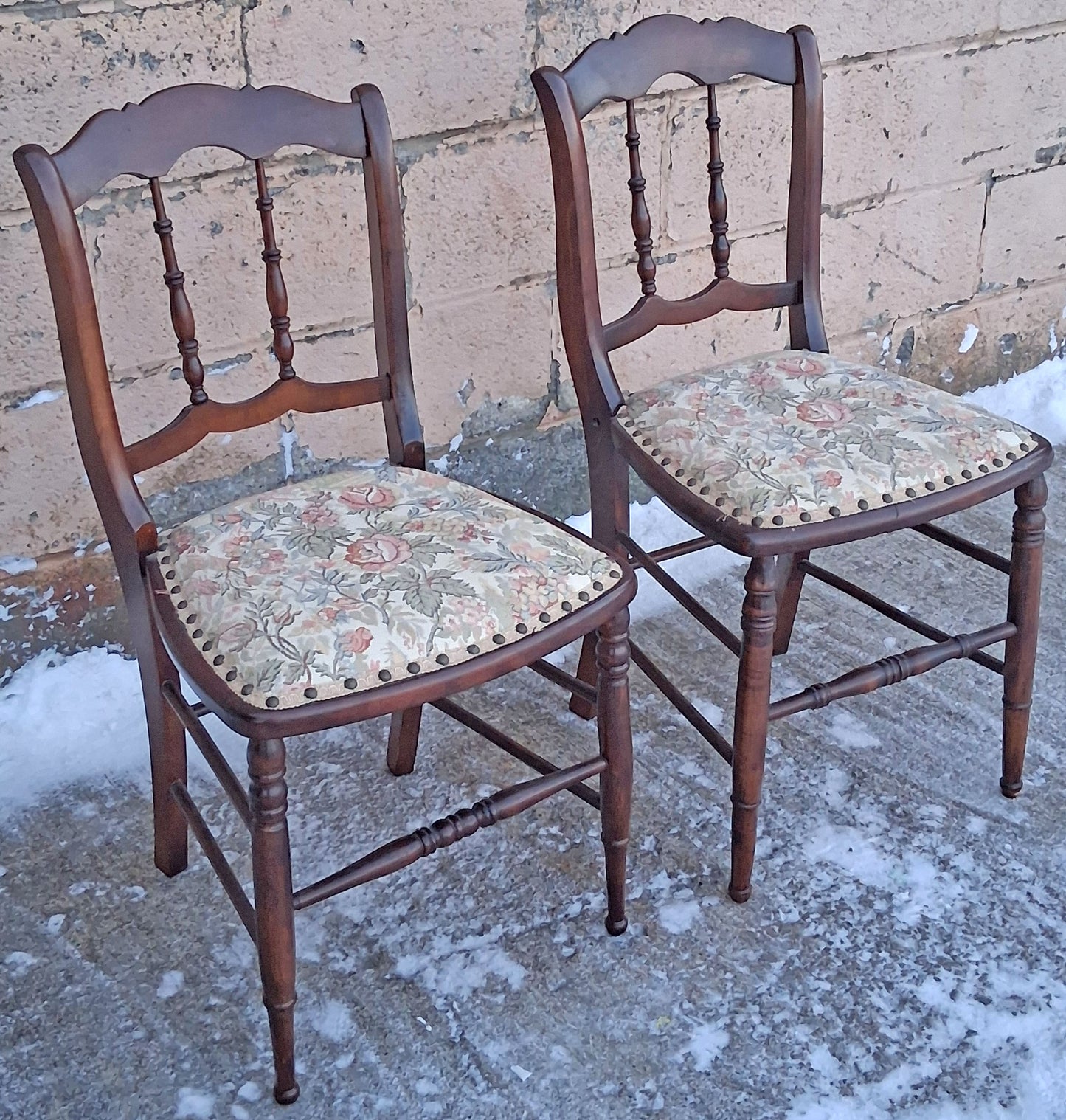 Pair of Antique Vintage Old Reclaimed Salvaged Solid Hardwood Wooden Dining Side Accent Floral Fabric Seats
