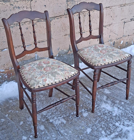 Pair of Antique Vintage Old Reclaimed Salvaged Solid Hardwood Wooden Dining Side Accent Floral Fabric Seats