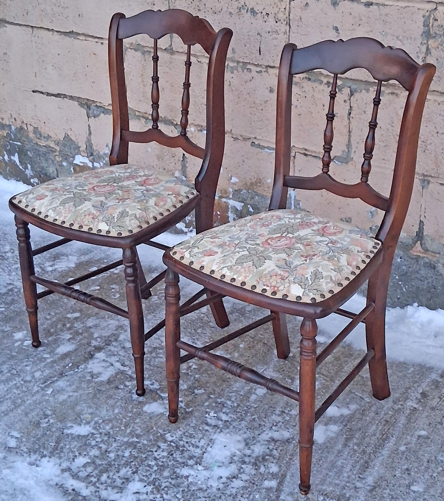Pair of Antique Vintage Old Reclaimed Salvaged Solid Hardwood Wooden Dining Side Accent Floral Fabric Seats