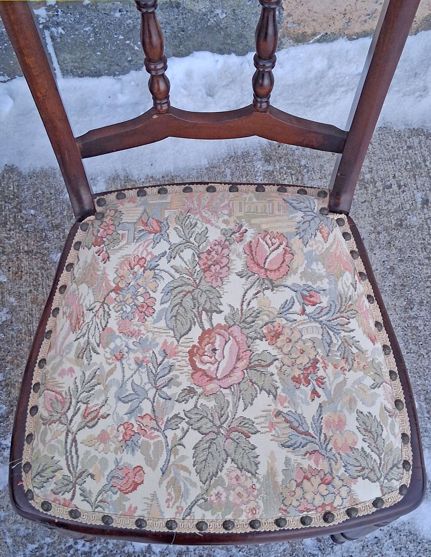 Pair of Antique Vintage Old Reclaimed Salvaged Solid Hardwood Wooden Dining Side Accent Floral Fabric Seats