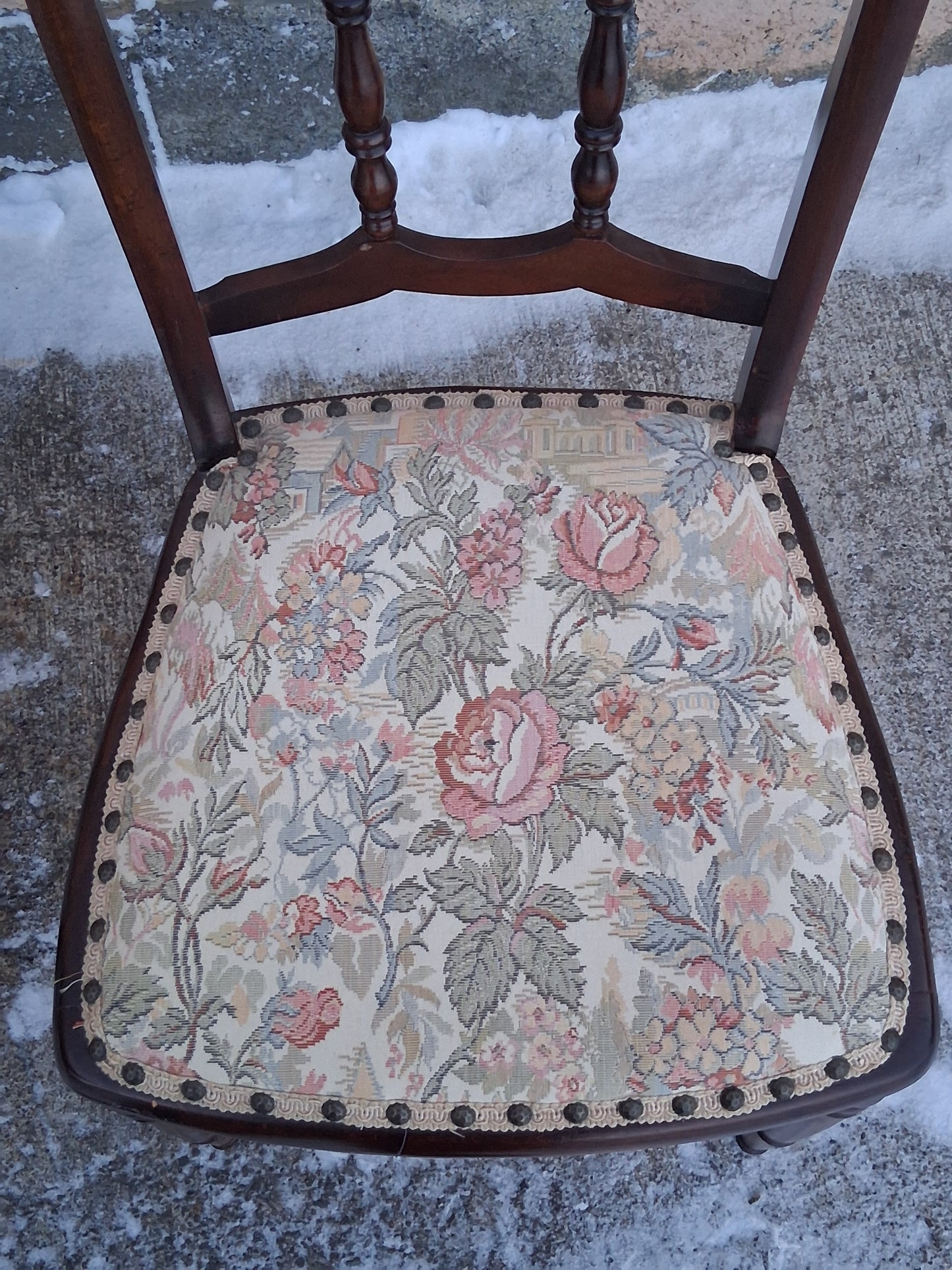 Pair of Antique Vintage Old Reclaimed Salvaged Solid Hardwood Wooden Dining Side Accent Floral Fabric Seats