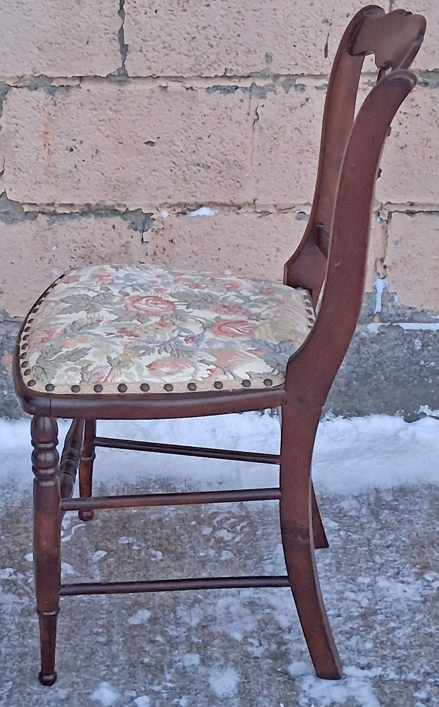 Pair of Antique Vintage Old Reclaimed Salvaged Solid Hardwood Wooden Dining Side Accent Floral Fabric Seats