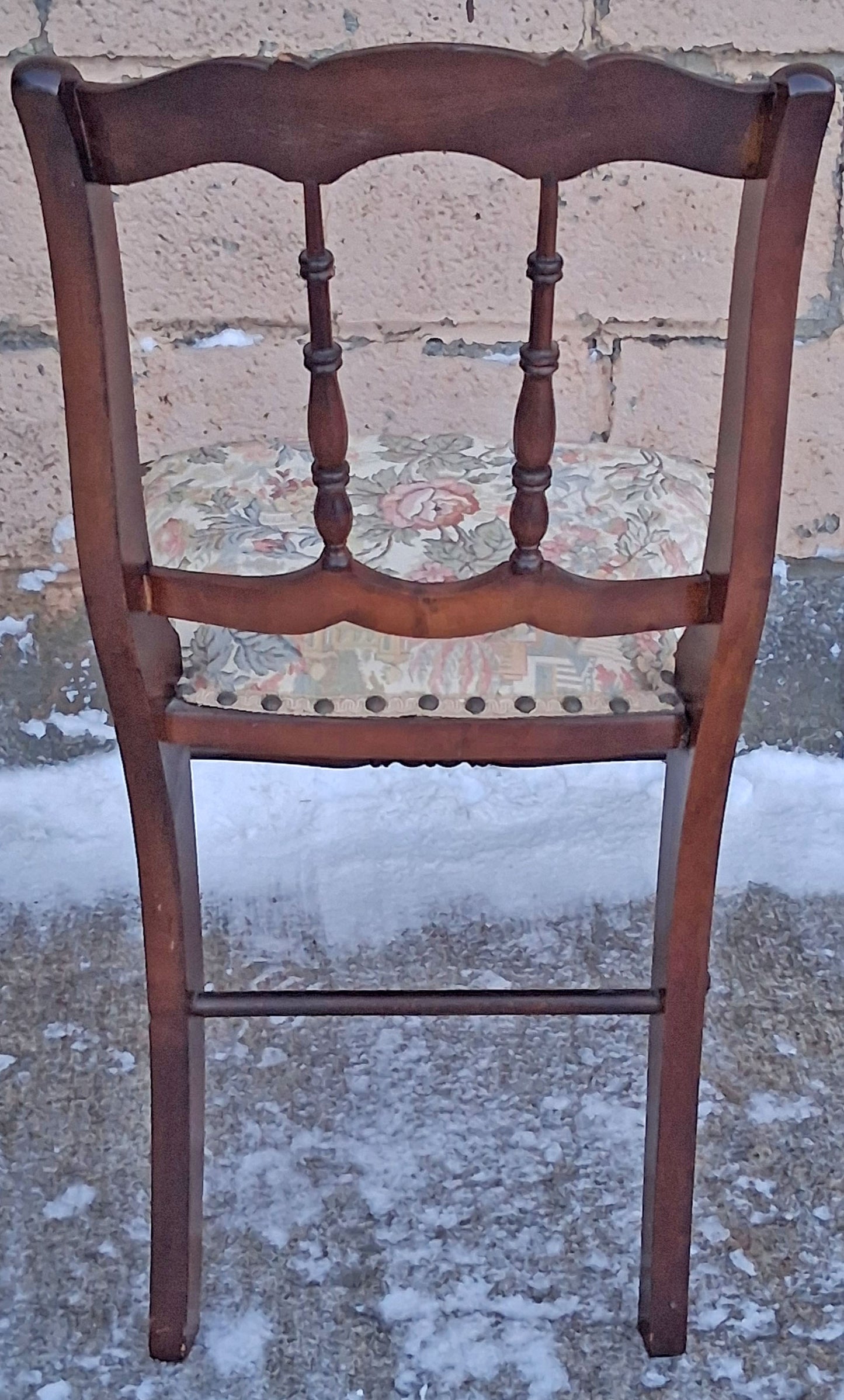 Pair of Antique Vintage Old Reclaimed Salvaged Solid Hardwood Wooden Dining Side Accent Floral Fabric Seats