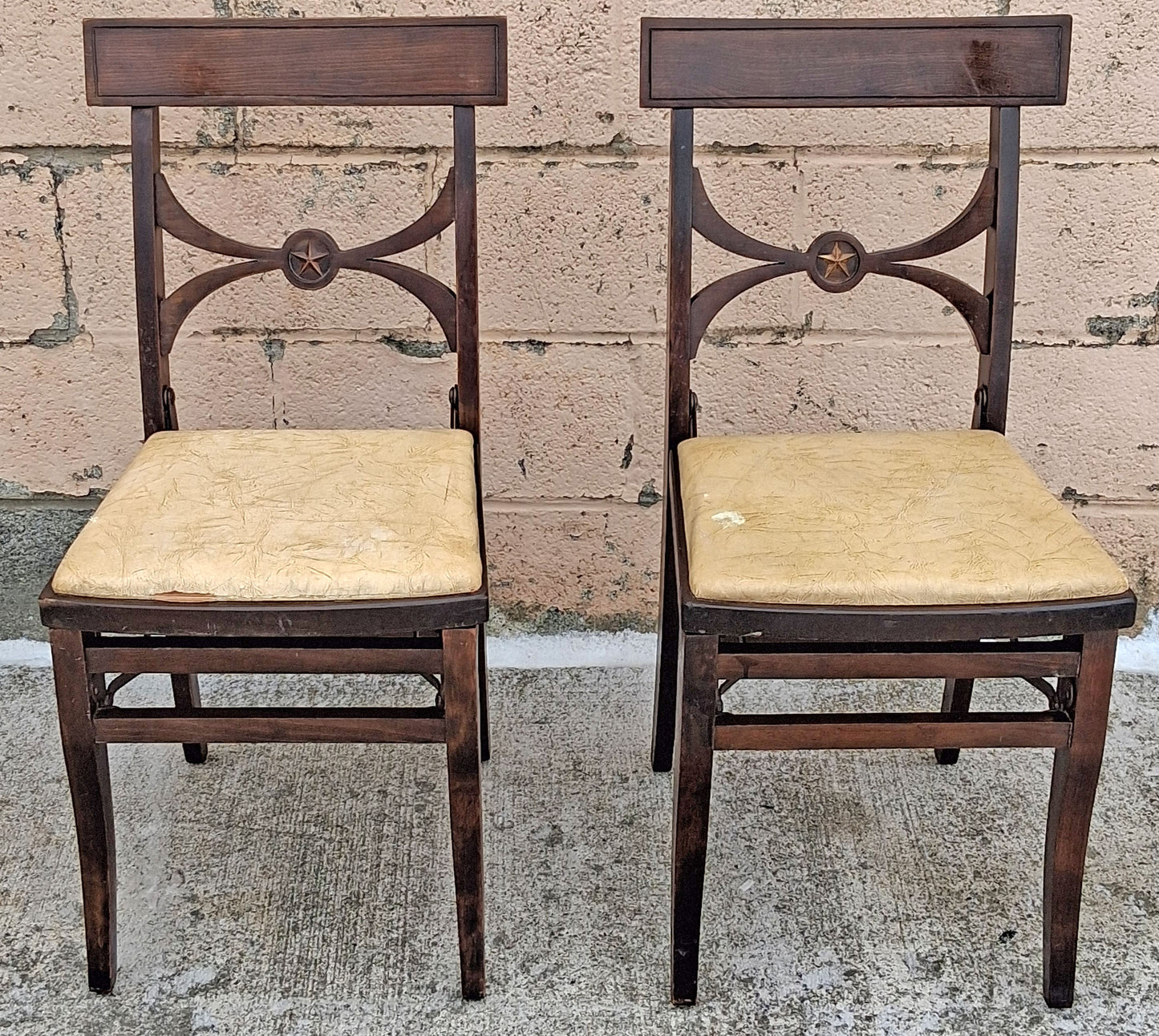 Pair of Antique Vintage Louis Rastetter & Sons Co. "Solid Kumfort" Wooden Folding Foldable Portable Theater Accent Dining Chairs Vinyl Seats