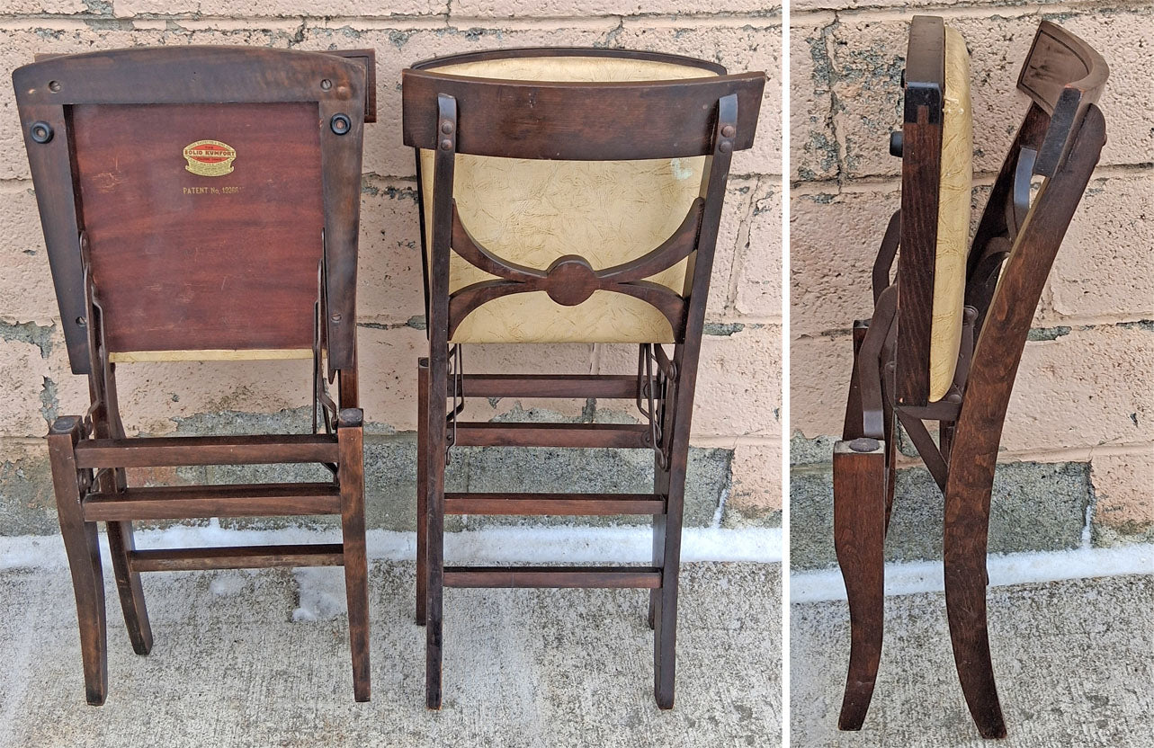 Pair of Antique Vintage Louis Rastetter & Sons Co. "Solid Kumfort" Wooden Folding Foldable Portable Theater Accent Dining Chairs Vinyl Seats
