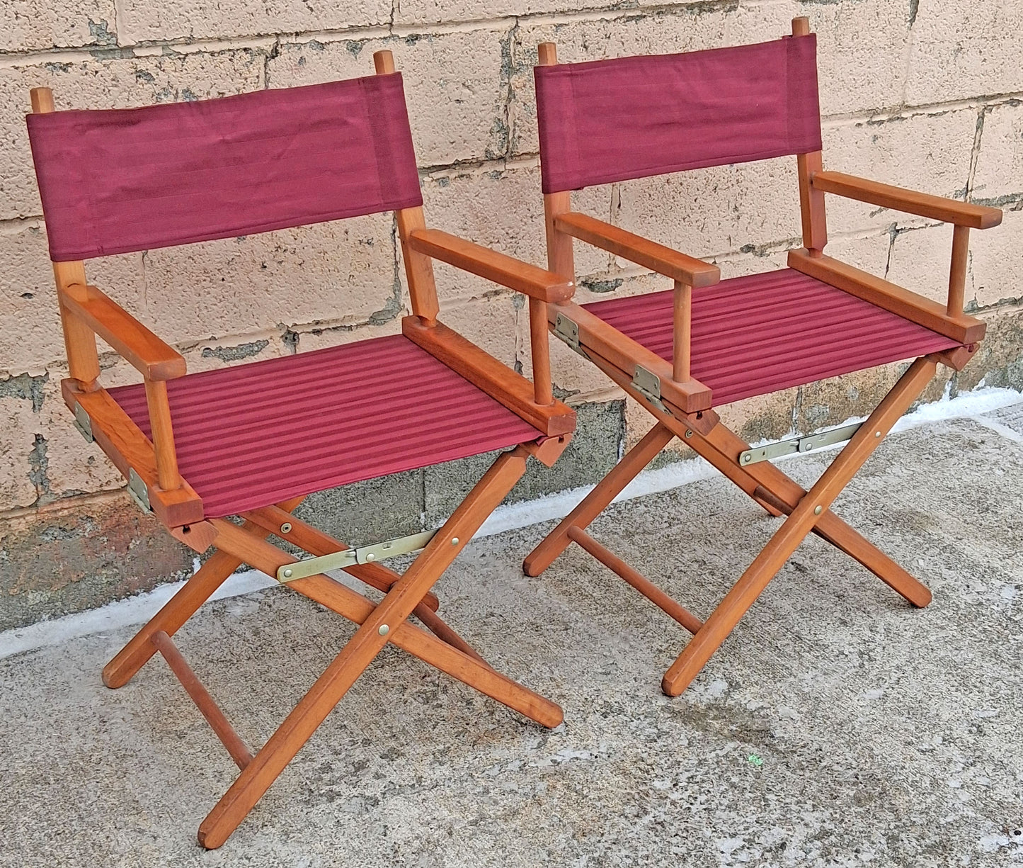 Pair of Vintage Antique Reclaimed Salvaged MCM Mid Century SOLID Wood Wooden Fabric Folding Foldable Portable Commander Director Chair Seats