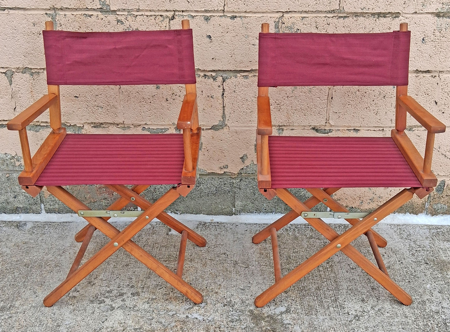 Pair of Vintage Antique Reclaimed Salvaged MCM Mid Century SOLID Wood Wooden Fabric Folding Foldable Portable Commander Director Chair Seats