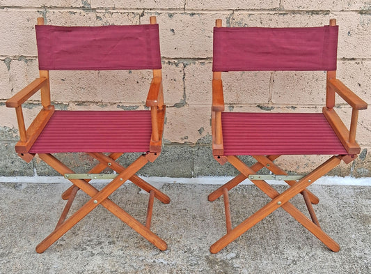 Pair of Vintage Antique Reclaimed Salvaged MCM Mid Century SOLID Wood Wooden Fabric Folding Foldable Portable Commander Director Chair Seats