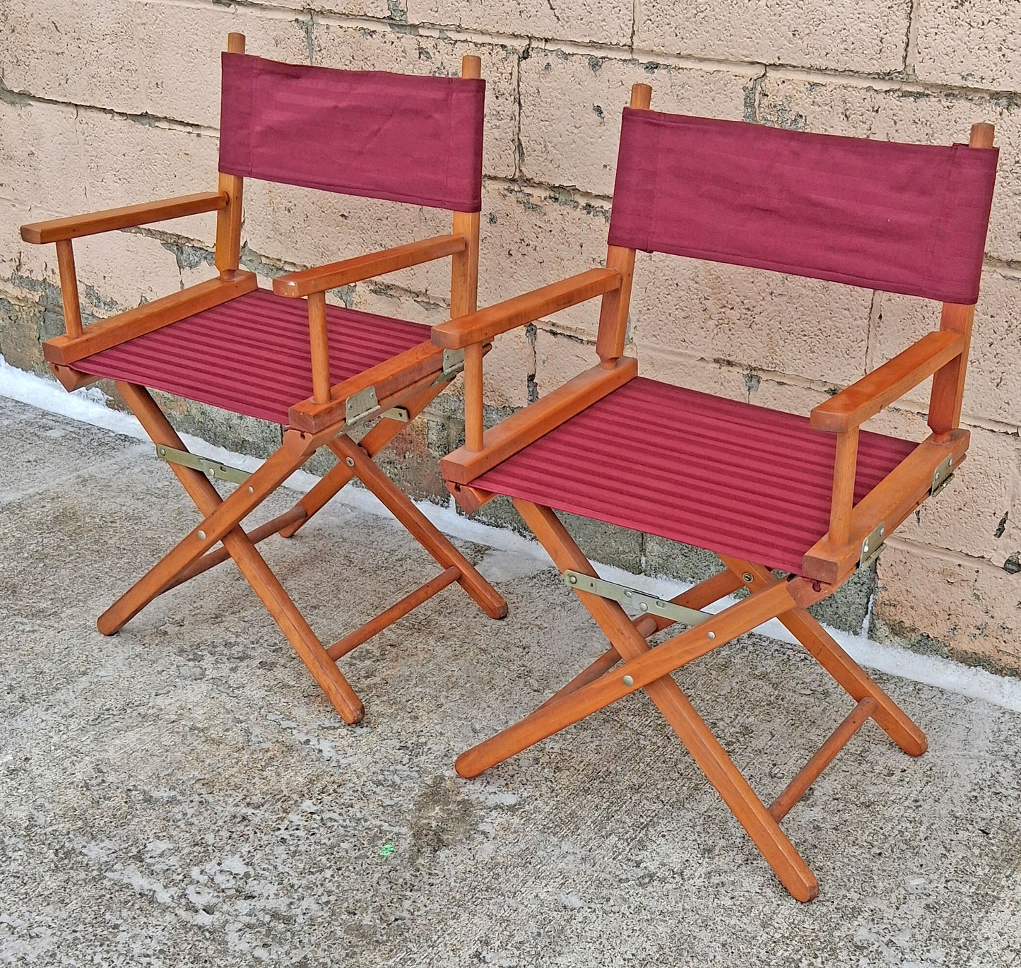 Pair of Vintage Antique Reclaimed Salvaged MCM Mid Century SOLID Wood Wooden Fabric Folding Foldable Portable Commander Director Chair Seats