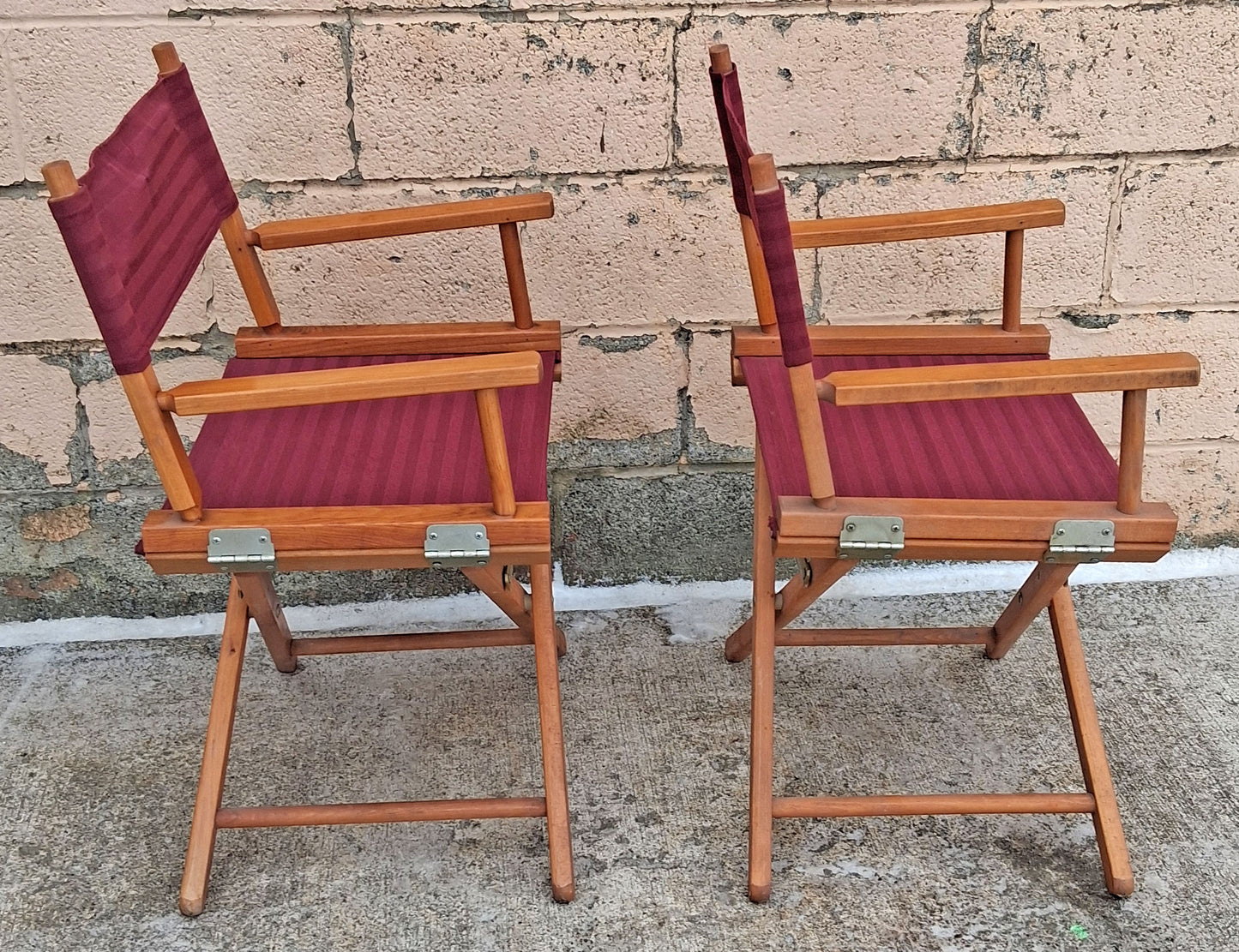 Pair of Vintage Antique Reclaimed Salvaged MCM Mid Century SOLID Wood Wooden Fabric Folding Foldable Portable Commander Director Chair Seats