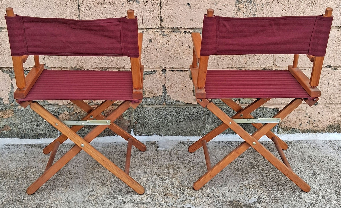 Pair of Vintage Antique Reclaimed Salvaged MCM Mid Century SOLID Wood Wooden Fabric Folding Foldable Portable Commander Director Chair Seats