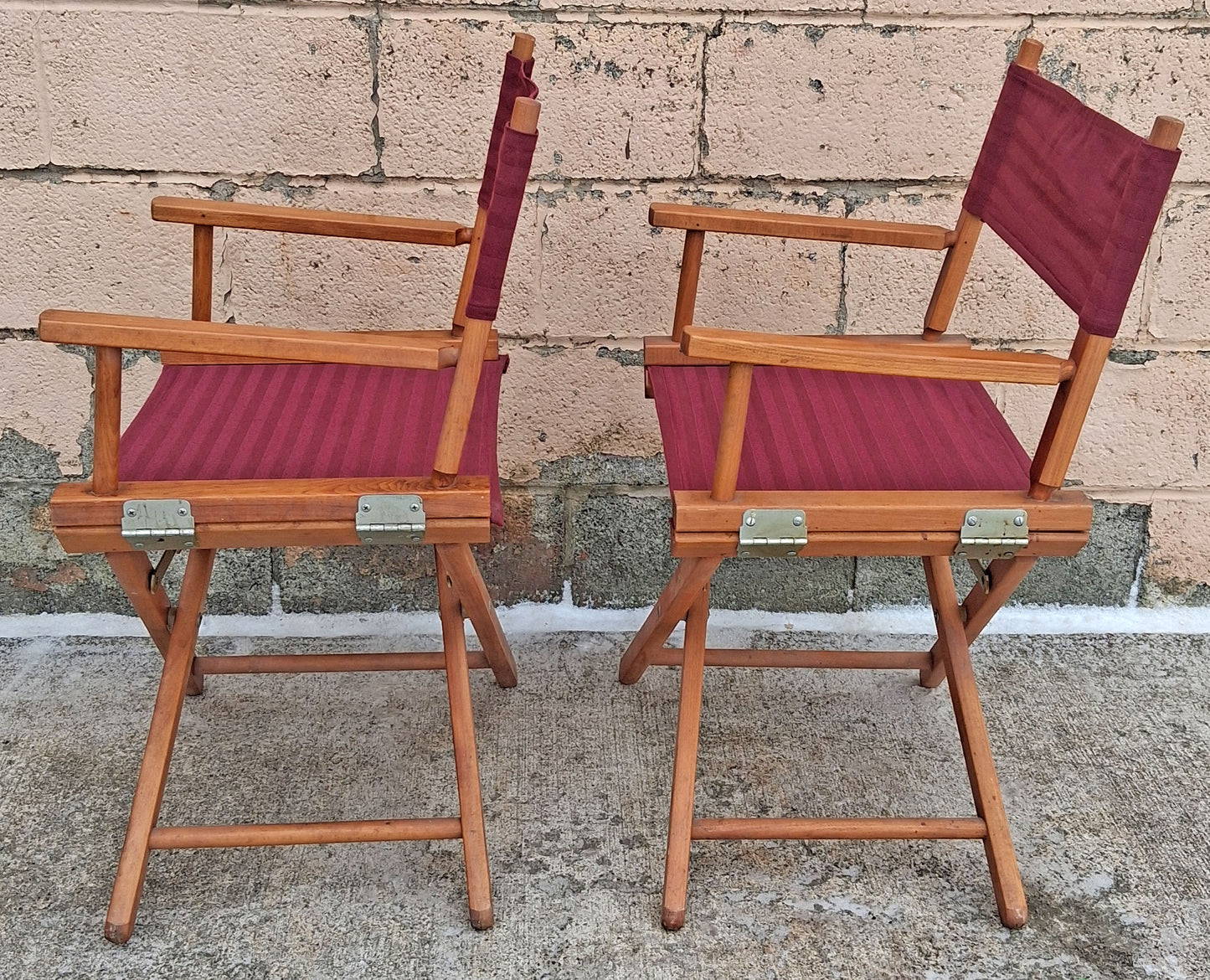 Pair of Vintage Antique Reclaimed Salvaged MCM Mid Century SOLID Wood Wooden Fabric Folding Foldable Portable Commander Director Chair Seats