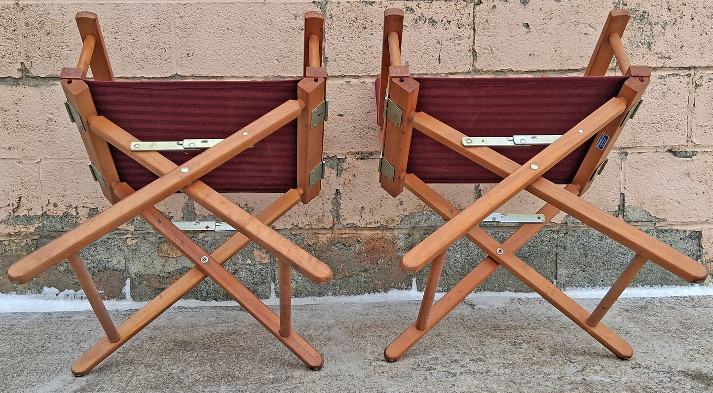 Pair of Vintage Antique Reclaimed Salvaged MCM Mid Century SOLID Wood Wooden Fabric Folding Foldable Portable Commander Director Chair Seats