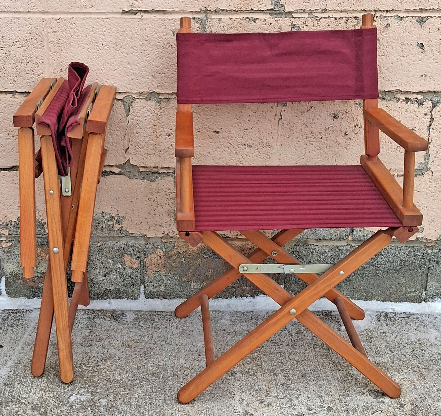 Pair of Vintage Antique Reclaimed Salvaged MCM Mid Century SOLID Wood Wooden Fabric Folding Foldable Portable Commander Director Chair Seats