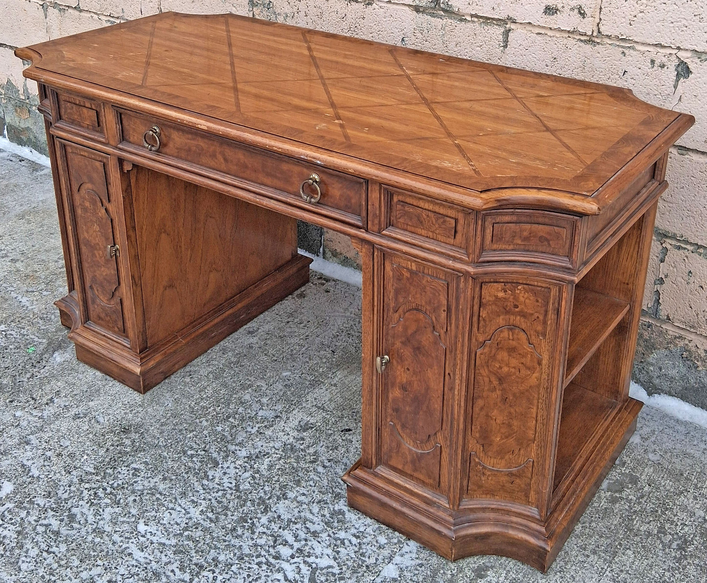 Vintage Antique Thomasville Mid Century Modern Reclaimed Salvaged Solid Wood Wooden Writing Office Studio Bureau Desk Work Table Secretary