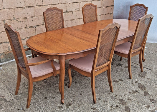 Vintage Antique French Provincial Country "J.B. Van Sciver Co." Old Reclaimed Salvaged SOLID Wood Wooden Dining Room Set Chairs Table Leaf