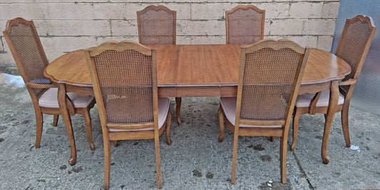 Vintage Antique French Provincial Country "J.B. Van Sciver Co." Old Reclaimed Salvaged SOLID Wood Wooden Dining Room Set Chairs Table Leaf