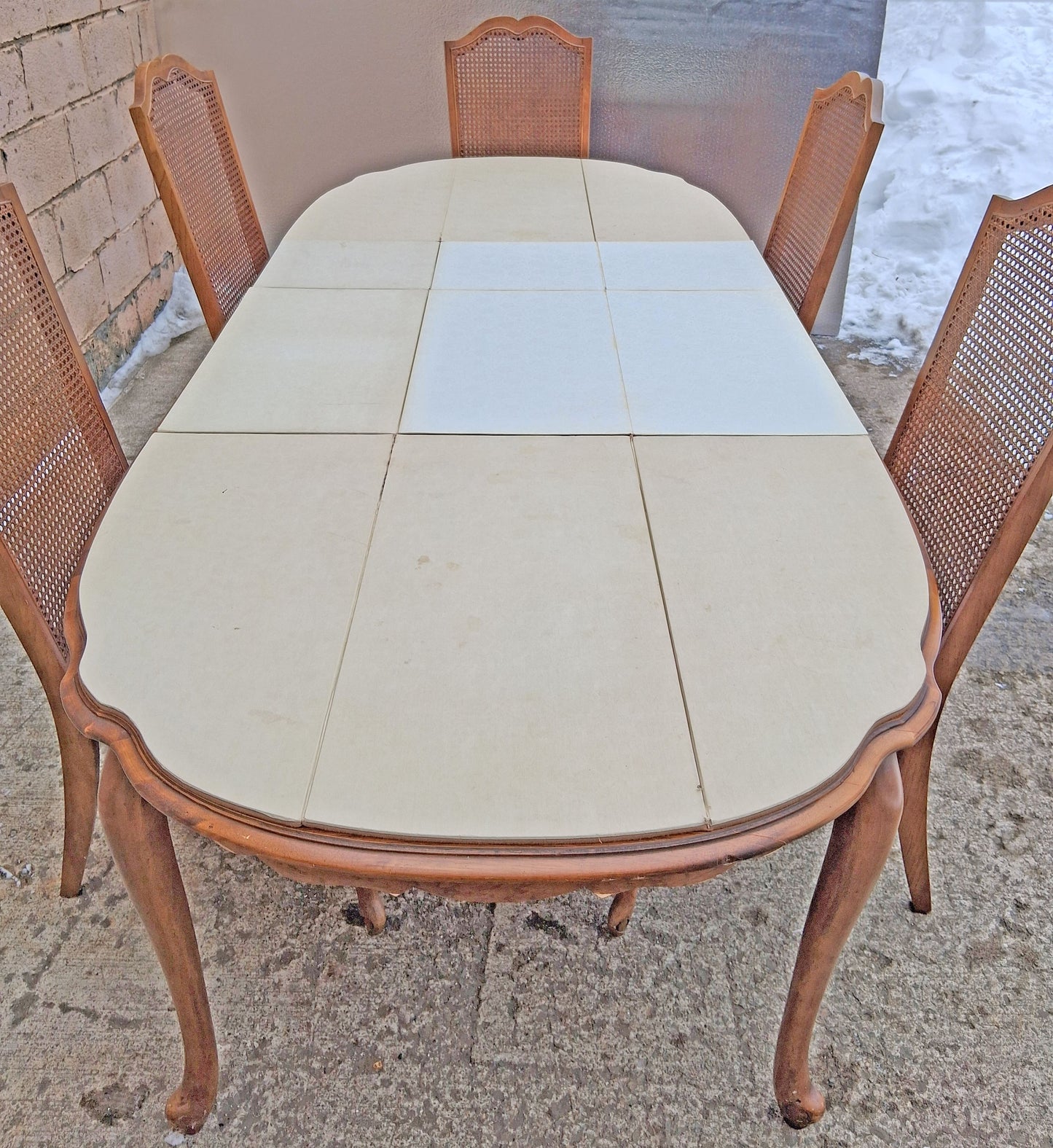 Vintage Antique French Provincial Country "J.B. Van Sciver Co." Old Reclaimed Salvaged SOLID Wood Wooden Dining Room Set Chairs Table Leaf
