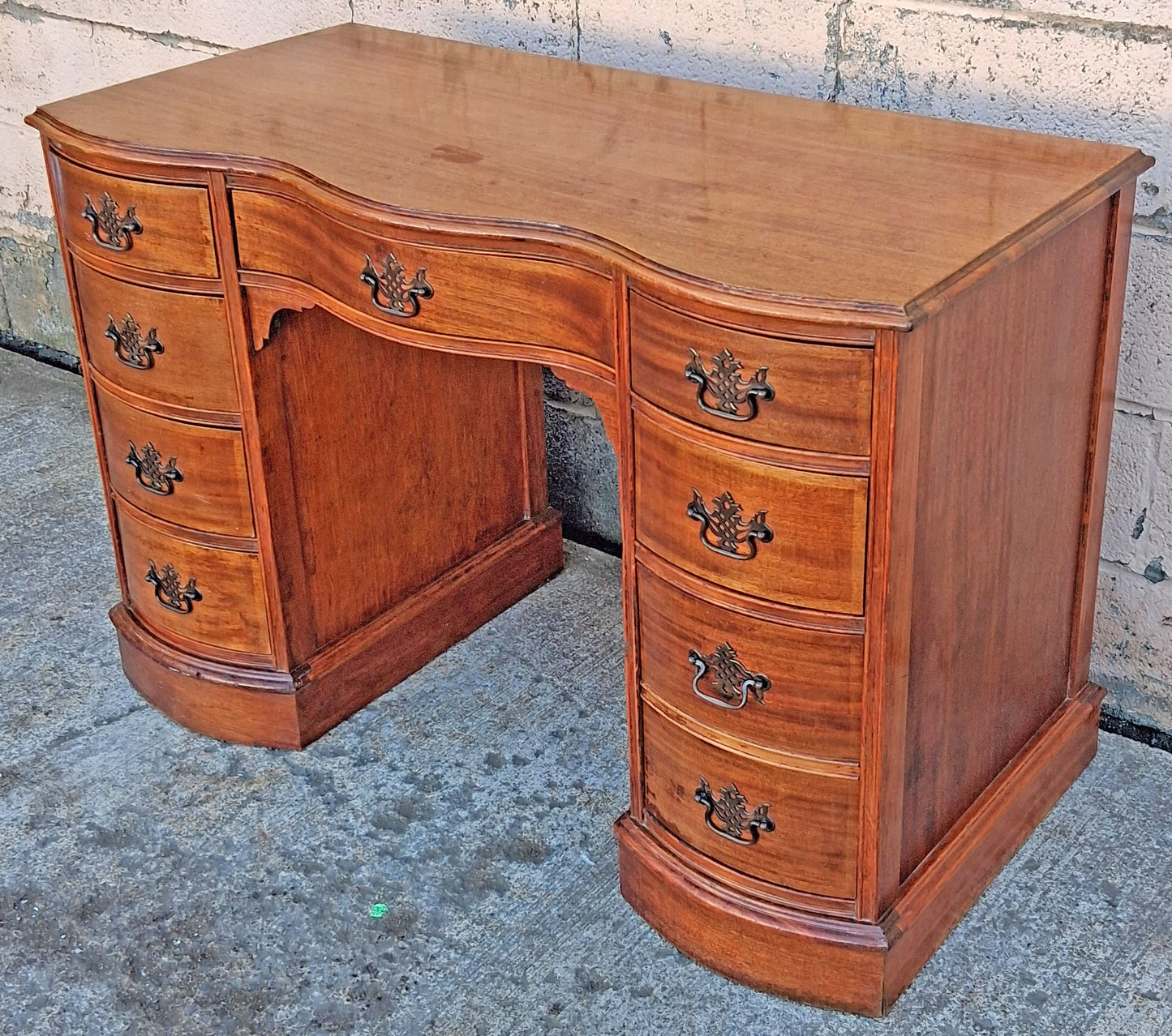 Antique Vintage Old Reclaimed Salvaged Regency Solid Wood Wooden Twin Pedestal Serpentine Writing Office Studio Bureau Desk Kneehole Vanity