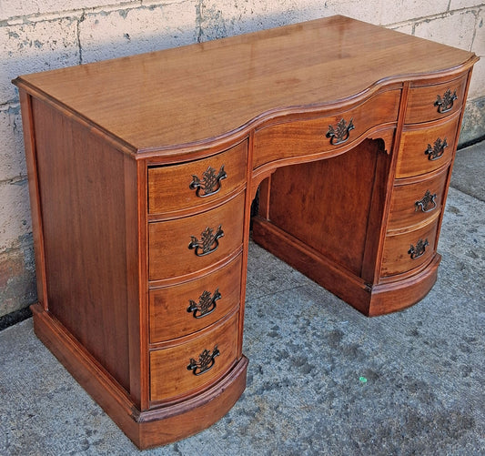 Antique Vintage Old Reclaimed Salvaged Regency Solid Wood Wooden Twin Pedestal Serpentine Writing Office Studio Bureau Desk Kneehole Vanity