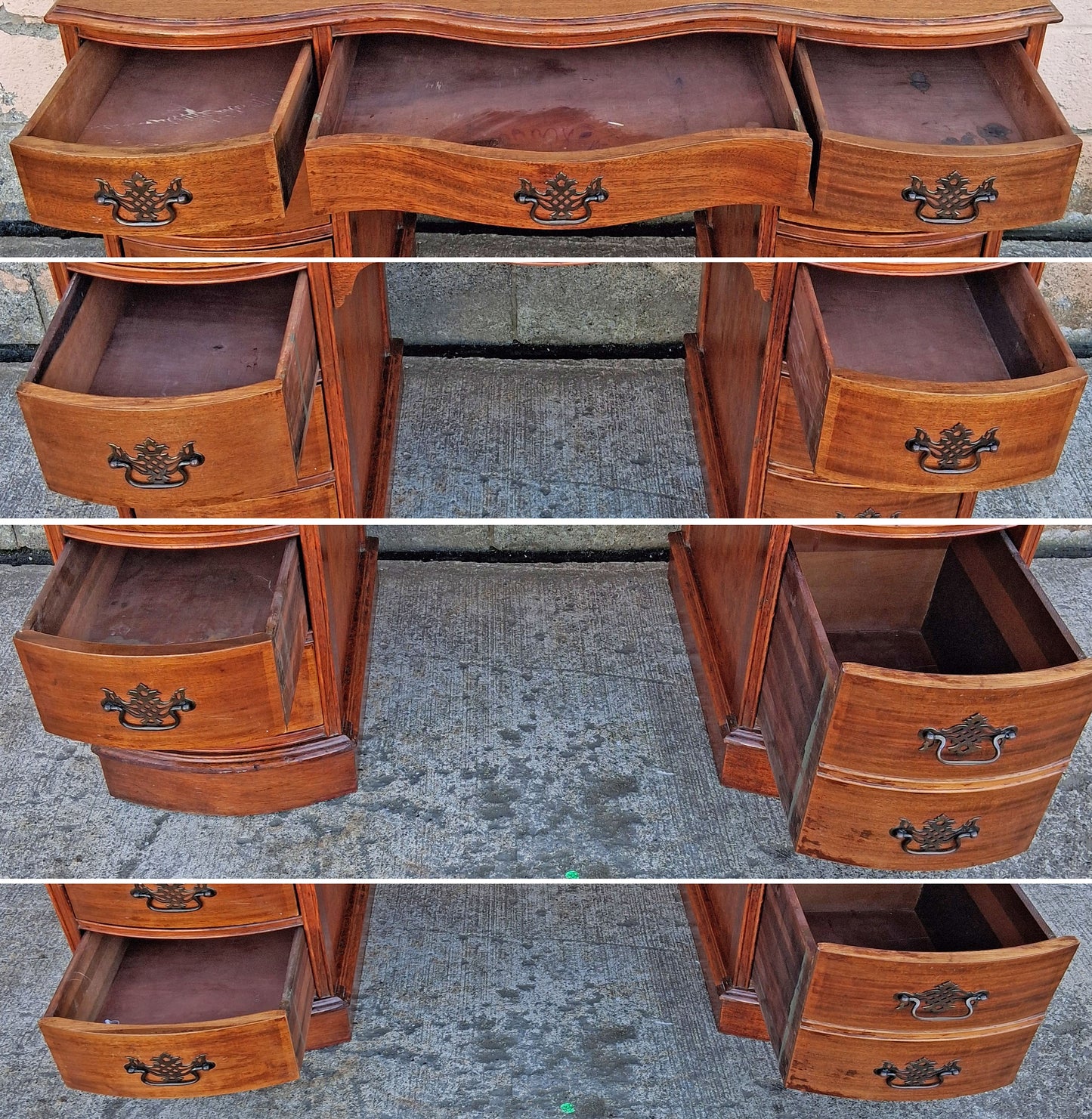 Antique Vintage Old Reclaimed Salvaged Regency Solid Wood Wooden Twin Pedestal Serpentine Writing Office Studio Bureau Desk Kneehole Vanity