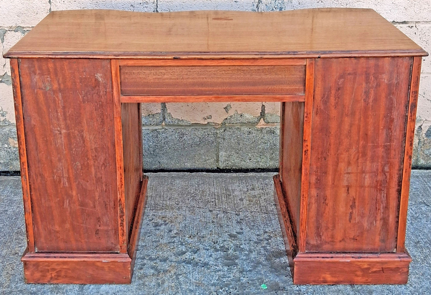 Antique Vintage Old Reclaimed Salvaged Regency Solid Wood Wooden Twin Pedestal Serpentine Writing Office Studio Bureau Desk Kneehole Vanity
