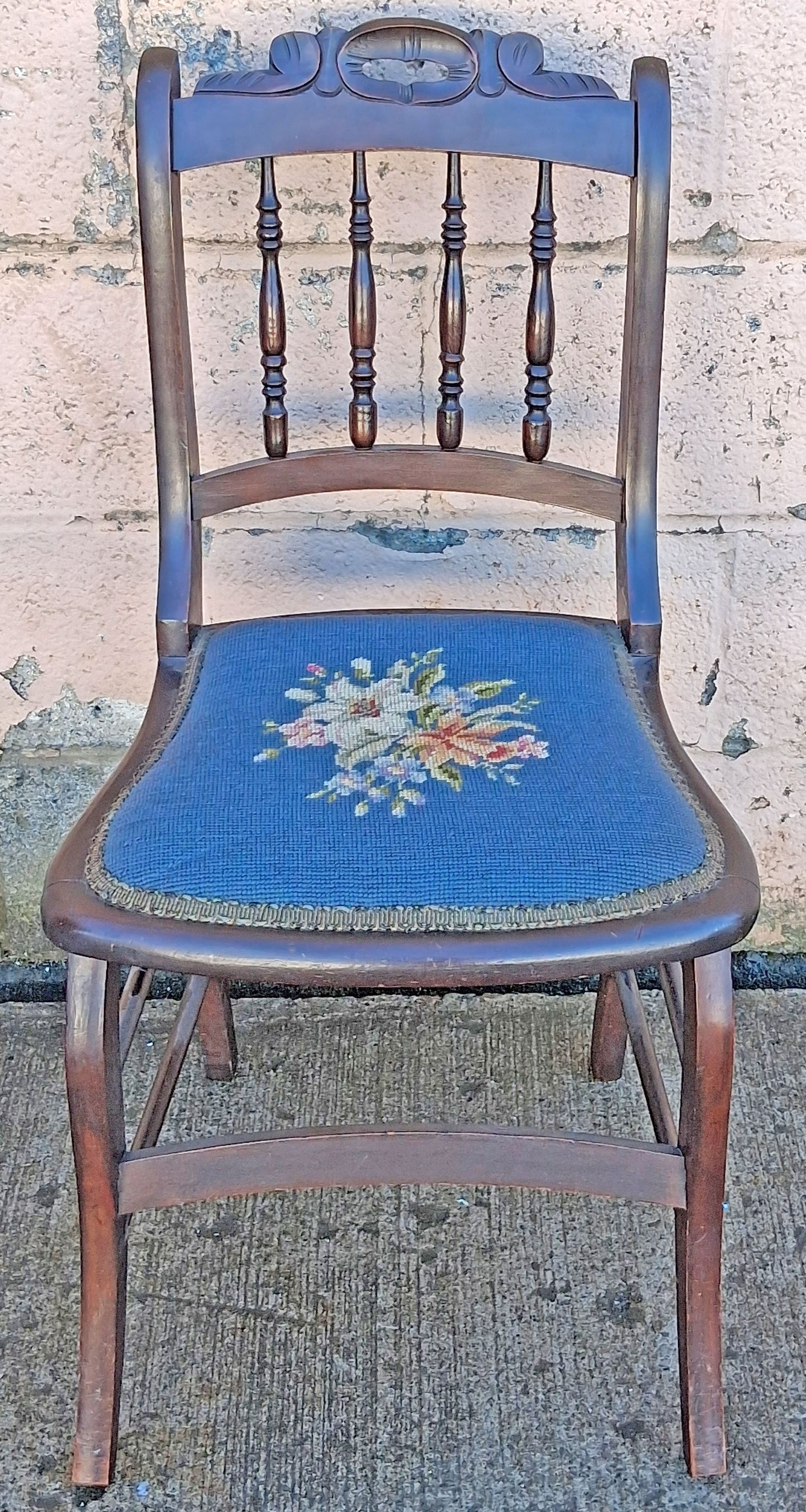 Antique Vintage Old Victorian Style SOLID Wood Wooden Side Dining Accent Desk Chair Floral Needlepoint Blue Fabric Seat