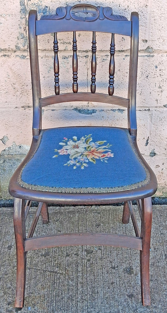 Antique Vintage Old Victorian Style SOLID Wood Wooden Side Dining Accent Desk Chair Floral Needlepoint Blue Fabric Seat
