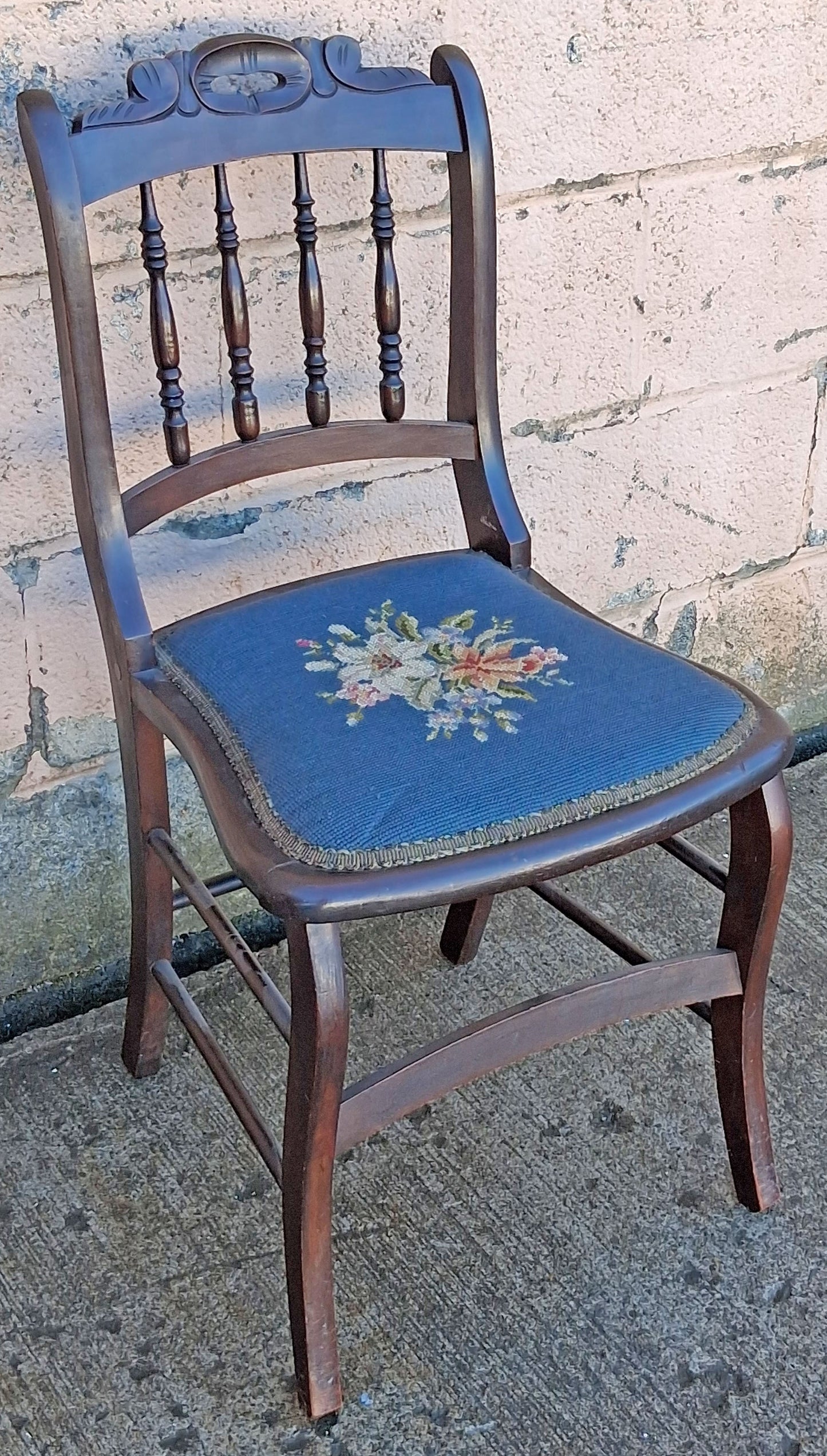 Antique Vintage Old Victorian Style SOLID Wood Wooden Side Dining Accent Desk Chair Floral Needlepoint Blue Fabric Seat