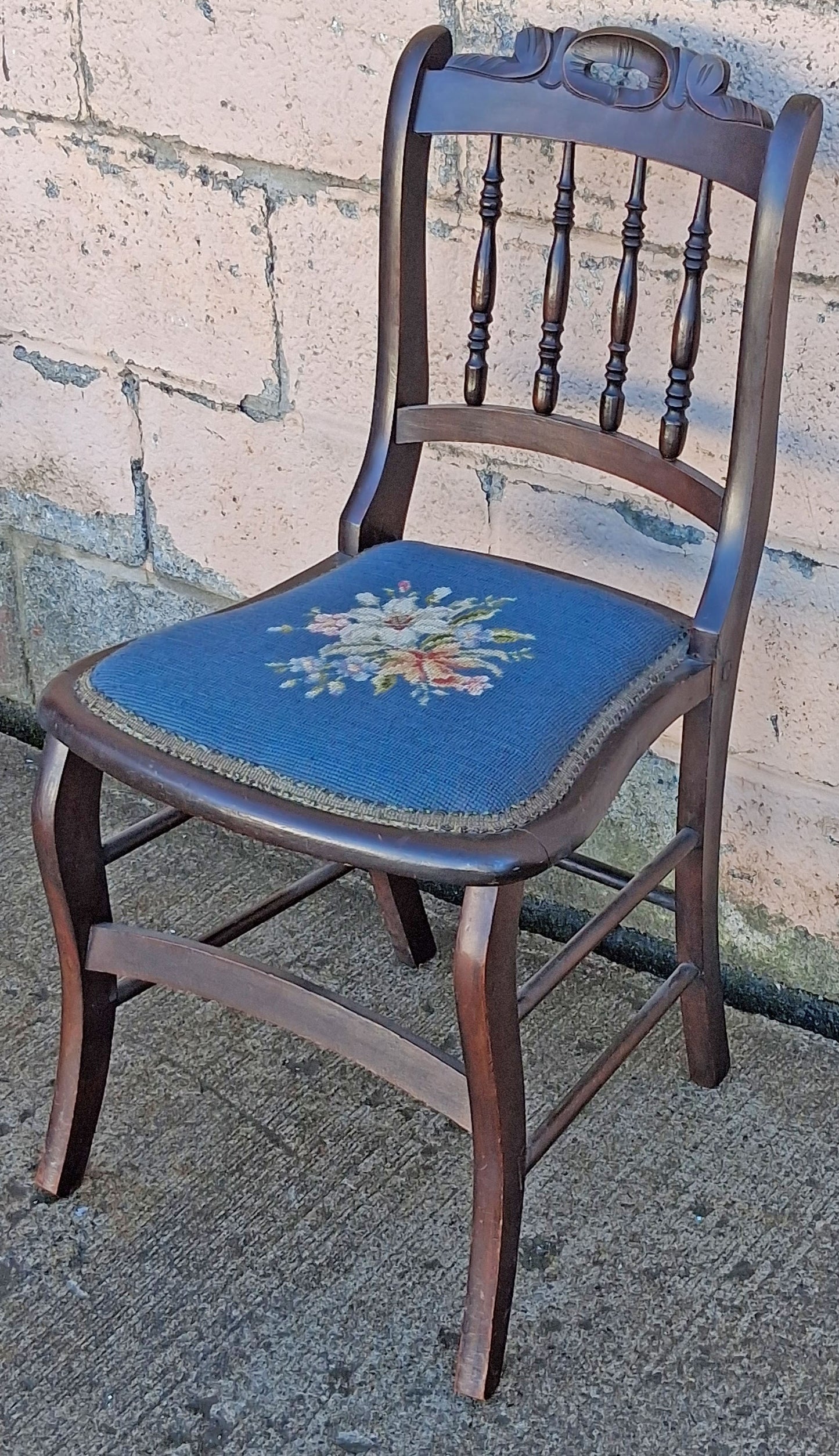 Antique Vintage Old Victorian Style SOLID Wood Wooden Side Dining Accent Desk Chair Floral Needlepoint Blue Fabric Seat