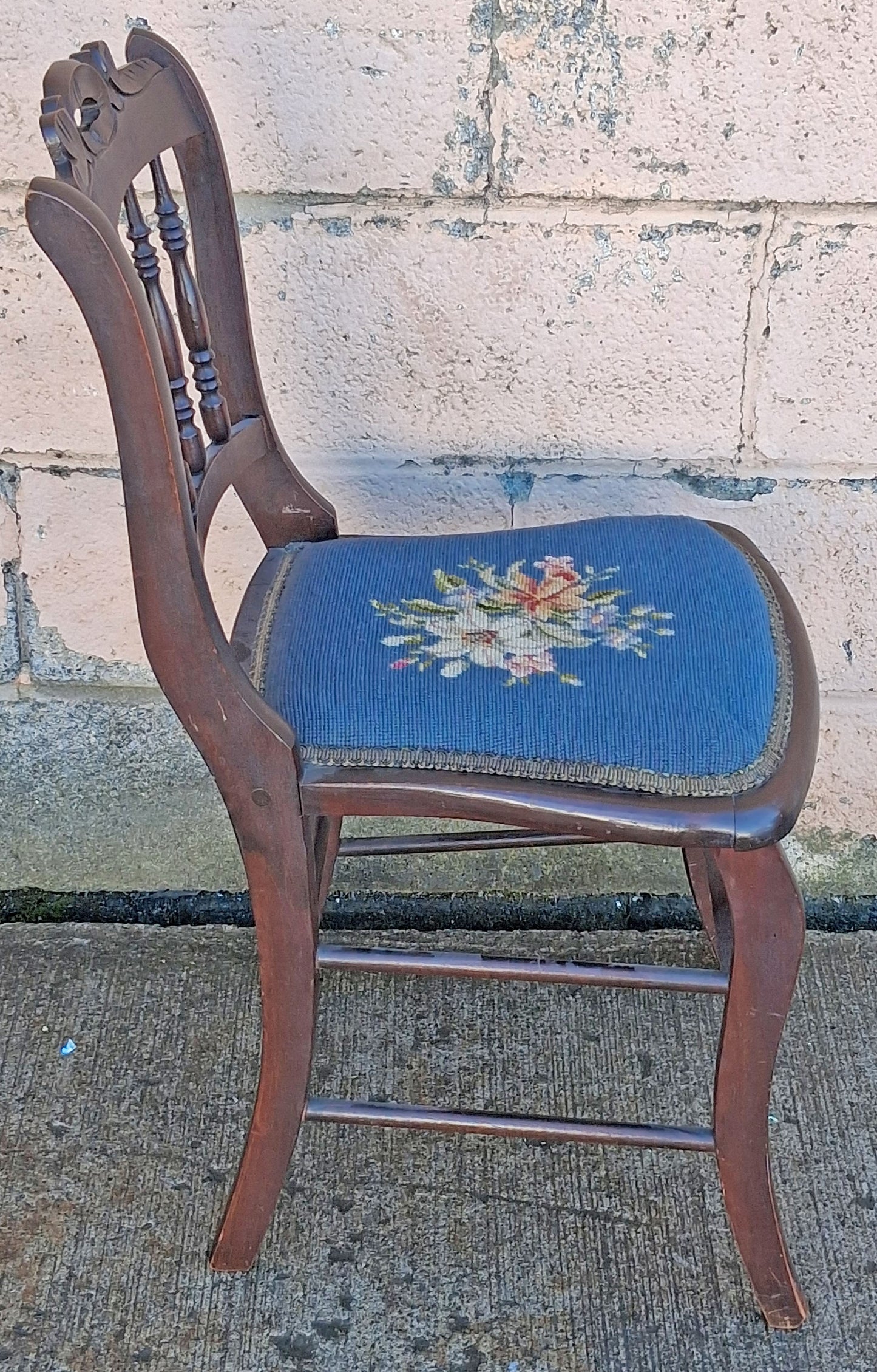 Antique Vintage Old Victorian Style SOLID Wood Wooden Side Dining Accent Desk Chair Floral Needlepoint Blue Fabric Seat