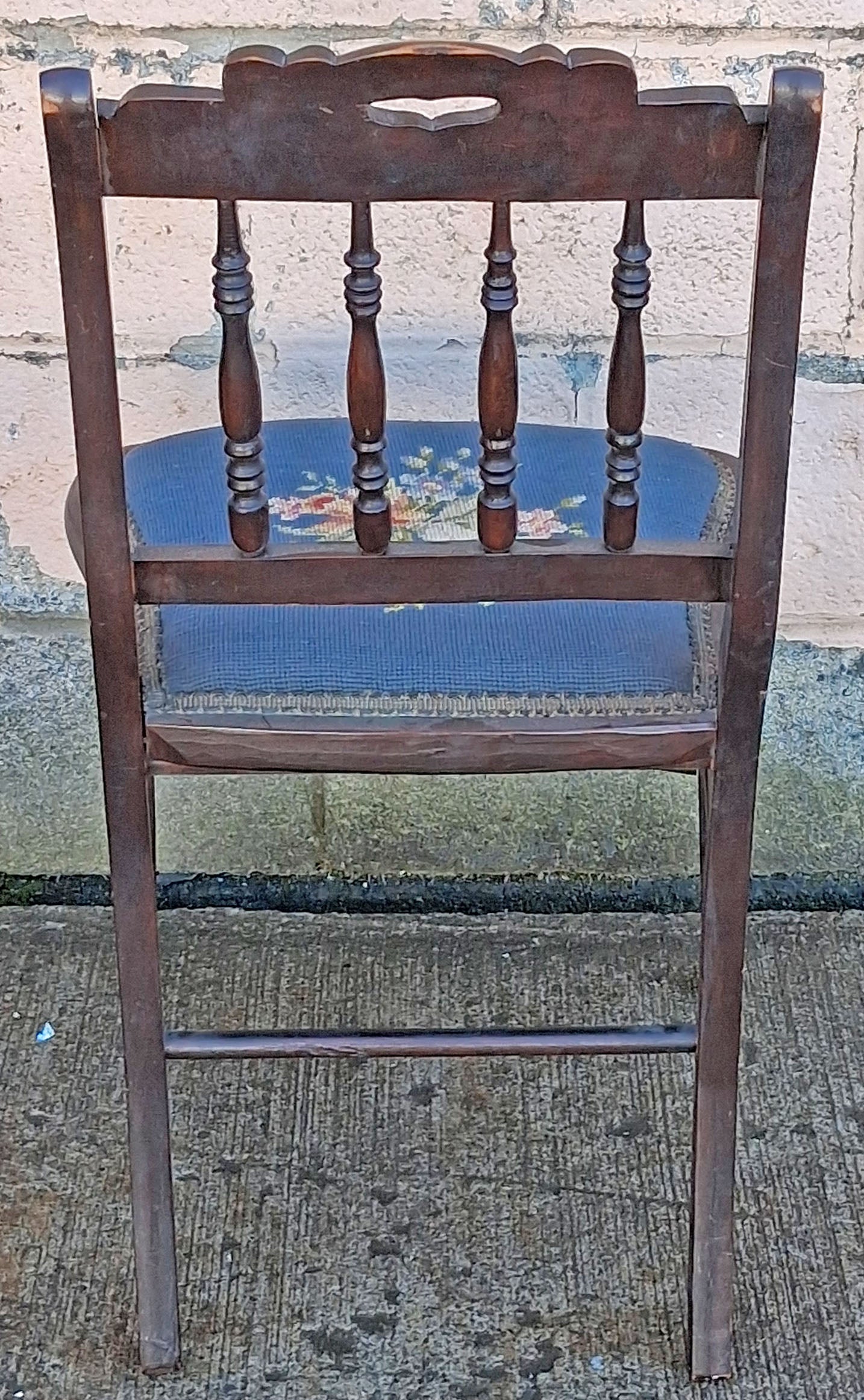 Antique Vintage Old Victorian Style SOLID Wood Wooden Side Dining Accent Desk Chair Floral Needlepoint Blue Fabric Seat