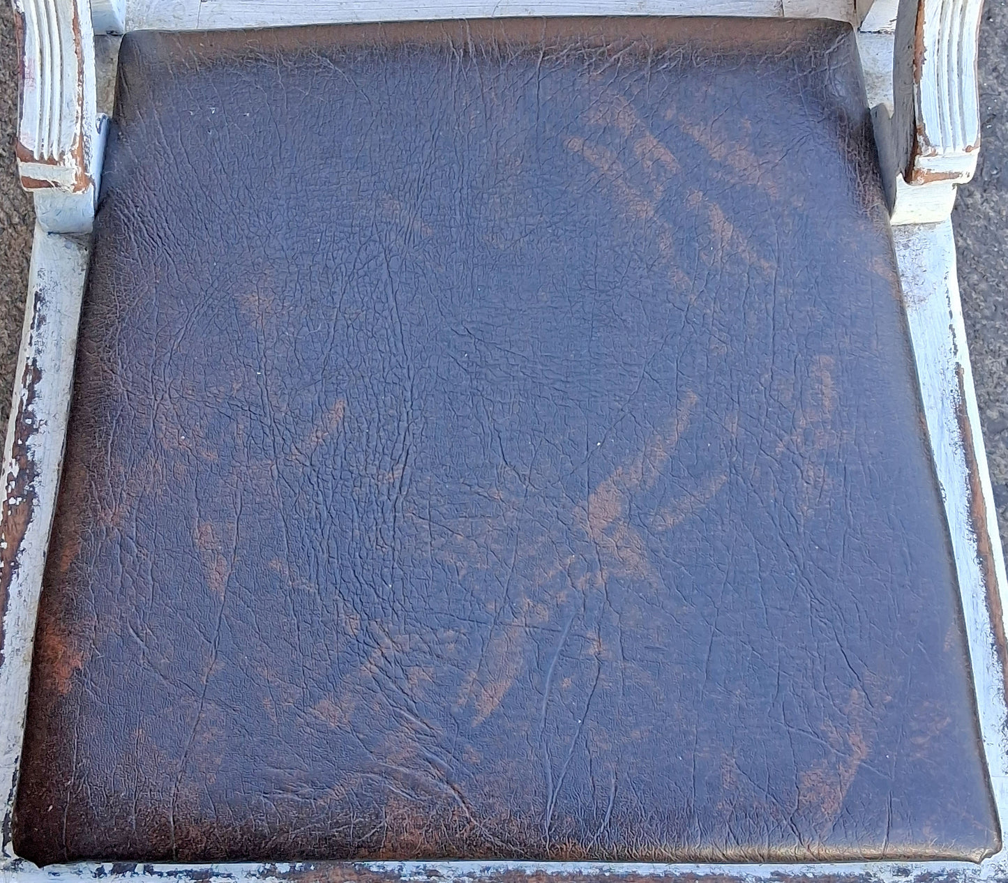 Antique Vintage Distressed Farmhouse Painted Reclaimed Salvaged SOLID Wood Wooden Side Dining Lounge Accent Chair Upholstered Vinyl Fabric Seat